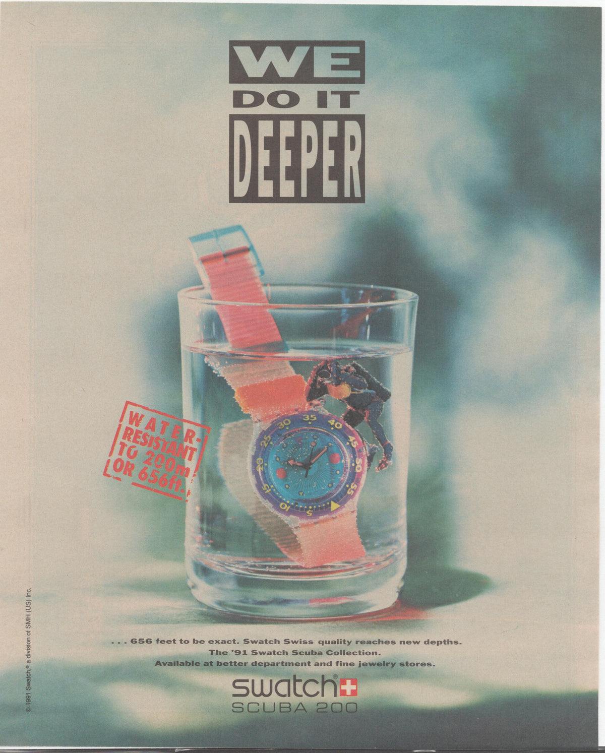 Vintage 1991 Swatch Scuba 200 original print advertisement, colorful dive watch submerged in a glass of water with miniature diver and 'We Do It Deeper' headline