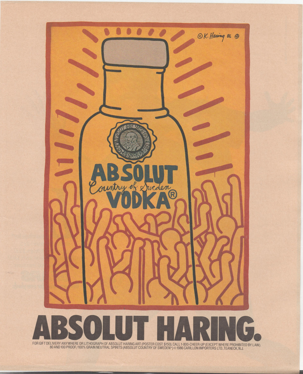 Vintage 1986 Absolut Haring Vodka original print advertisement, Keith Haring pop art illustration of Absolut bottle surrounded by interlocking figures on orange and red background