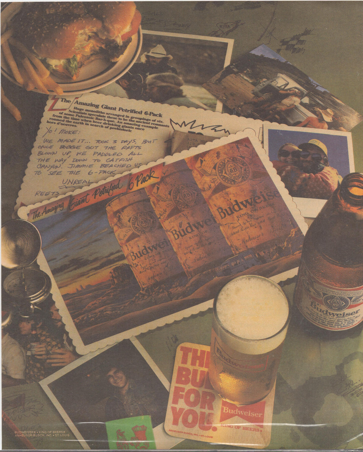 Vintage 1980s Budweiser original print advertisement, collage of road trip postcards, handwritten note, poured beer glass and bottle on a tabletop