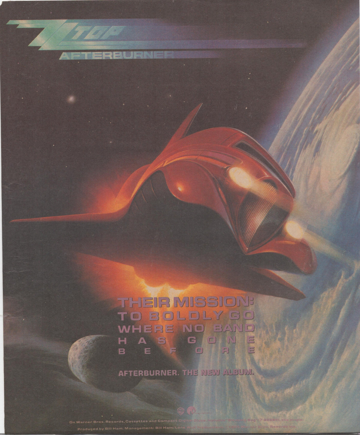 Vintage 1985 ZZ Top Afterburner original print advertisement, featuring a red futuristic spacecraft flying through space with Earth in the background and bold promotional tagline