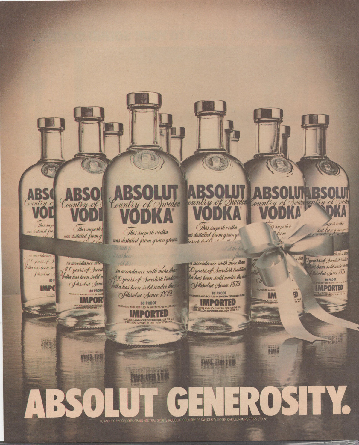 Vintage 1984 Absolut Vodka original print advertisement, black and white image of multiple Absolut bottles tied with a ribbon, headline reads Absolut Generosity