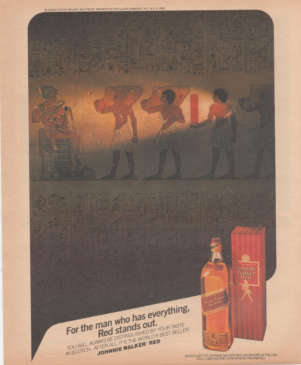 Vintage 1985 Johnnie Walker Red Label original print advertisement, Egyptian hieroglyphic tomb painting scene with figures carrying a Scotch whisky bottle as an offering