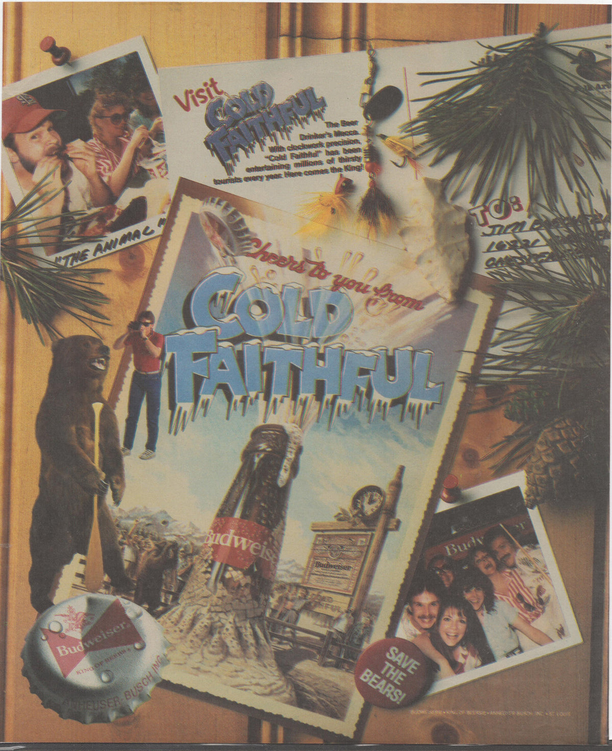 Vintage 1980s Budweiser Cold Faithful original print advertisement, collage-style layout with geyser parody imagery, fishing lures, pine branches, and candid photos surrounding a Budweiser bottle