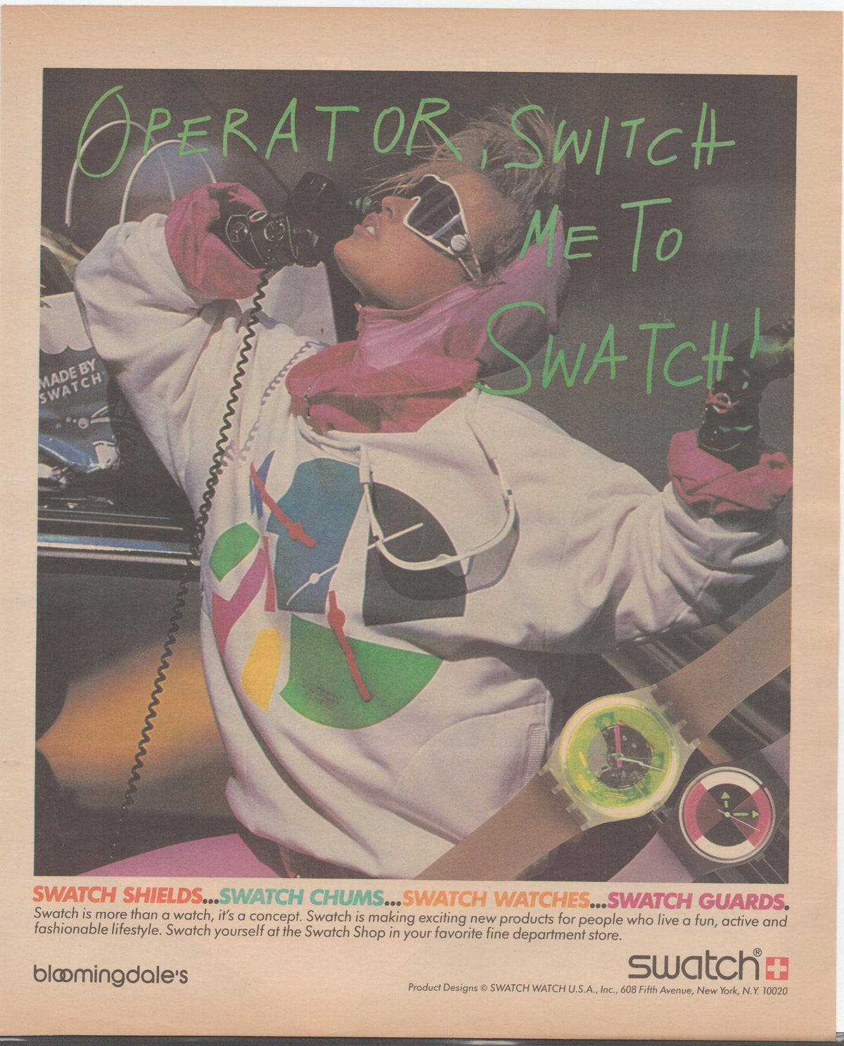 Vintage 1985 Swatch Watch original print advertisement, model in Swatch sweatshirt and white sunglasses holding a telephone with neon green graffiti headline and colorful watches displayed