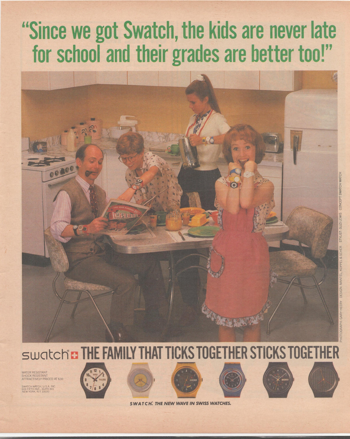 Vintage 1984 Swatch original print advertisement, cheerful family wearing colorful Swatch watches at kitchen breakfast table with six watch models shown below