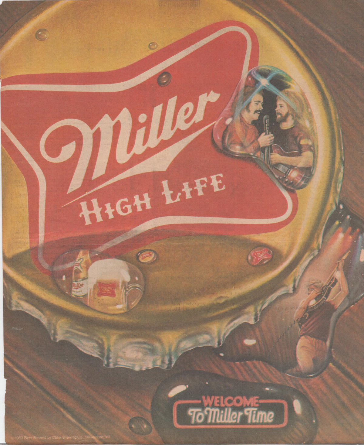 Vintage 1983 Miller High Life original print advertisement, large illustrated bottle cap with 'Welcome to Miller Time' tagline and musicians reflected in cap surface