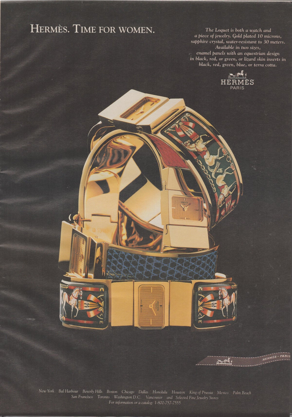 Vintage 1980s Hermès Loquet original print advertisement, multiple gold-plated enamel panel watches stacked on dark background with equestrian motifs