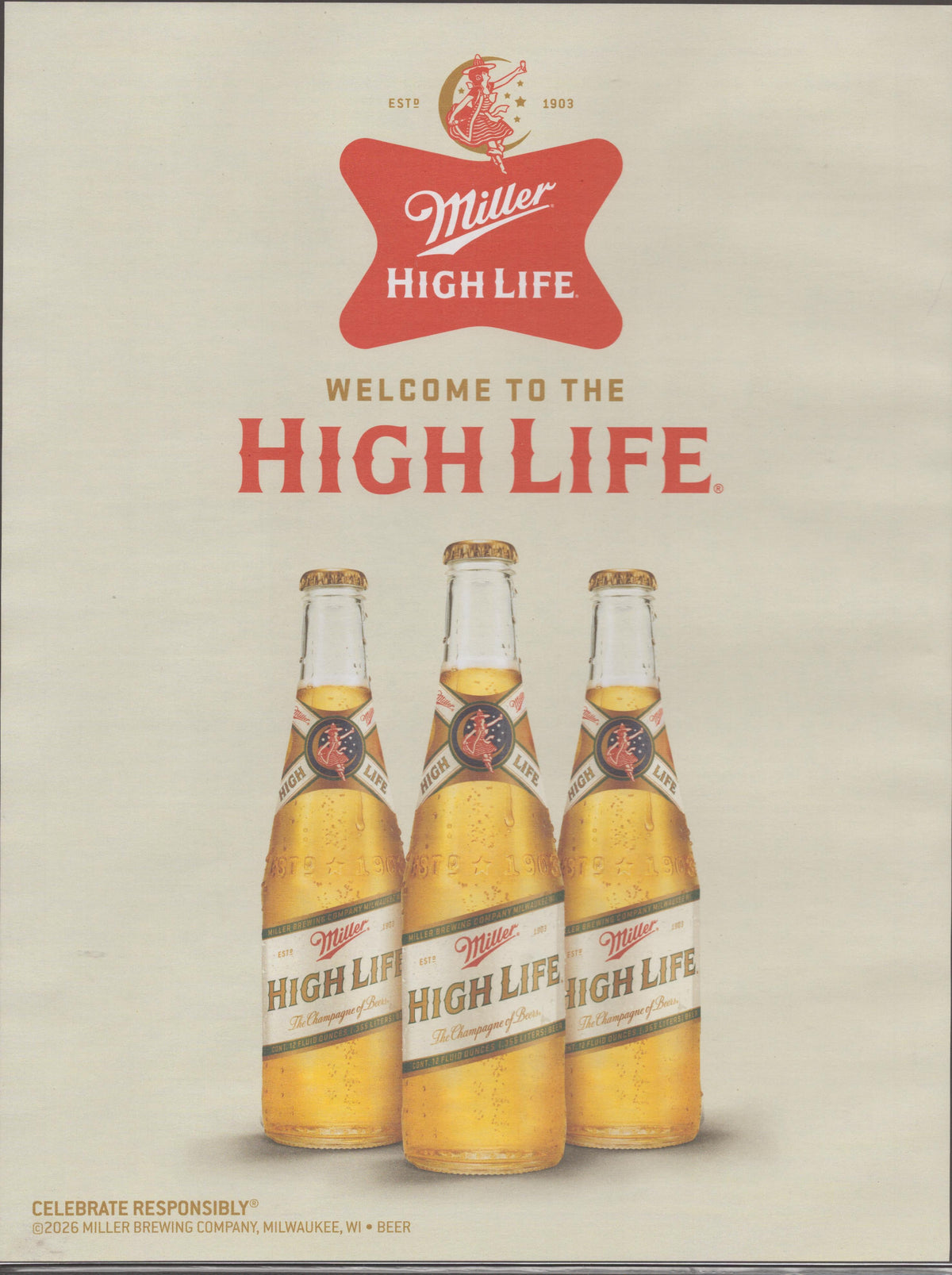Vintage 2026 Miller High Life original print advertisement, three golden beer bottles with crescent moon girl logo on cream background