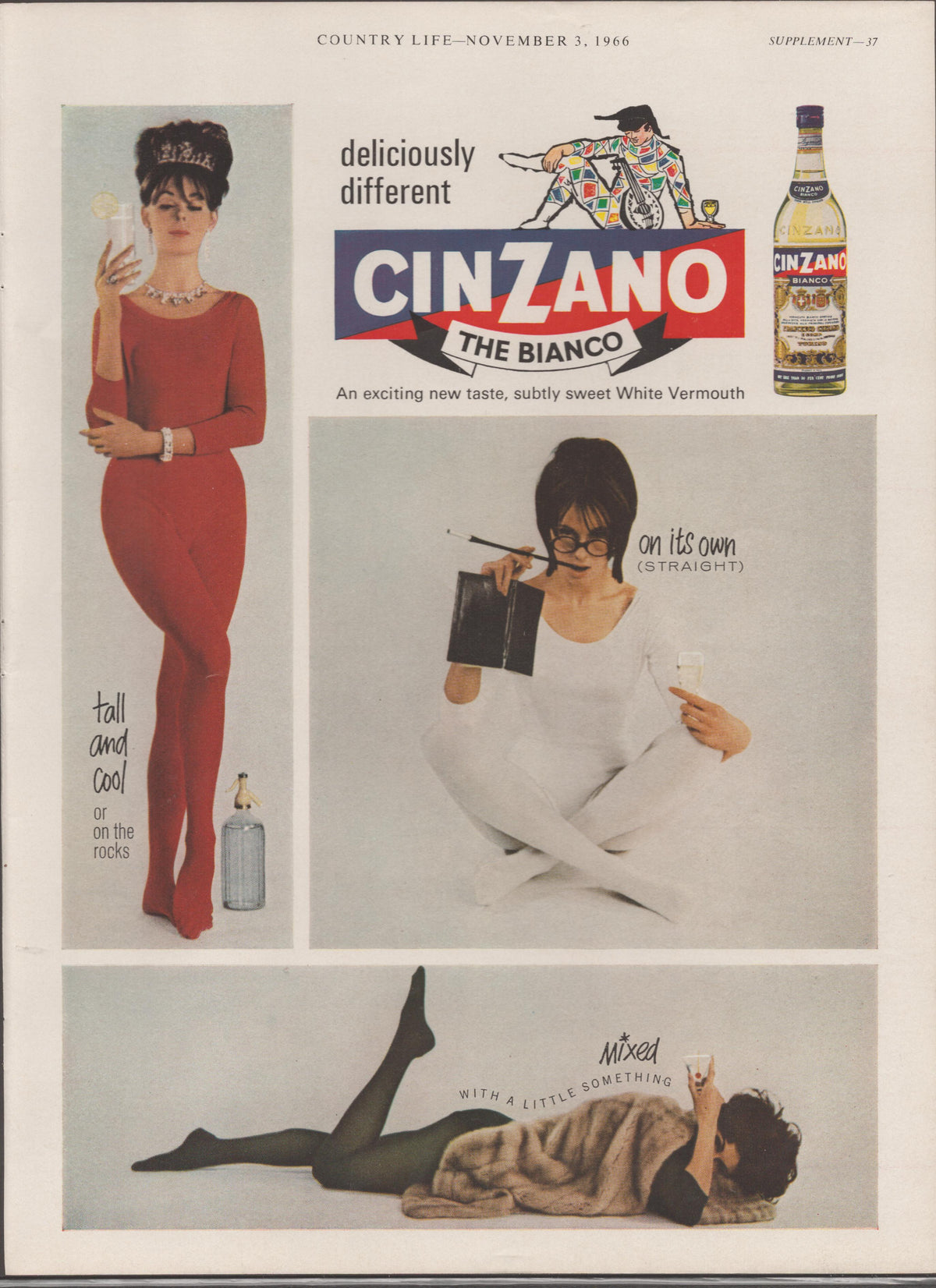 Vintage 1966 Cinzano Bianco White Vermouth original print advertisement, three mod women in fashionable 1960s clothing posed with glasses of vermouth in different serving styles