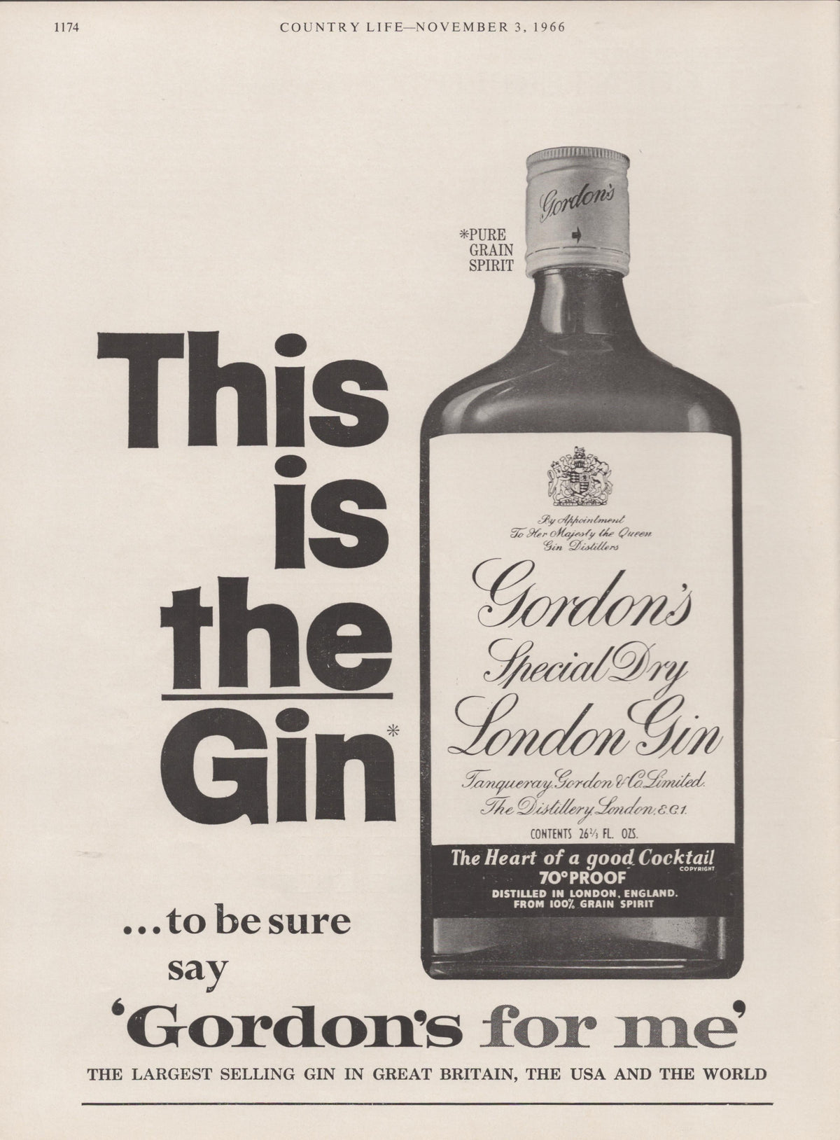 Vintage 1966 Gordon's Special Dry London Gin original print advertisement, black and white image of bottle with bold 'This is the Gin' headline and 'Gordon's for me' tagline