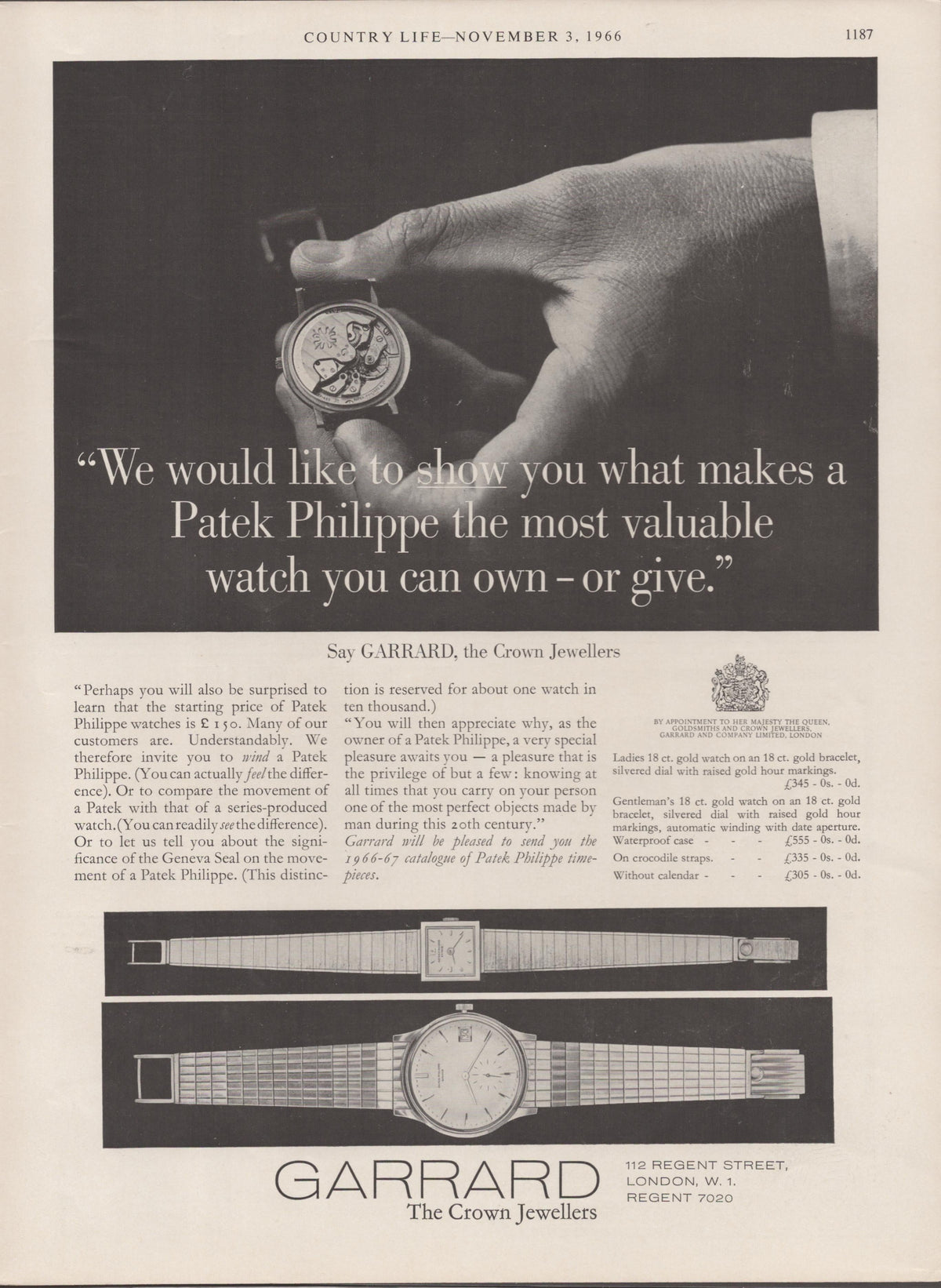 Vintage 1966 Patek Philippe original print advertisement, black and white image of hand holding exposed watch movement with Garrard Crown Jewellers branding and two gold bracelet watches below
