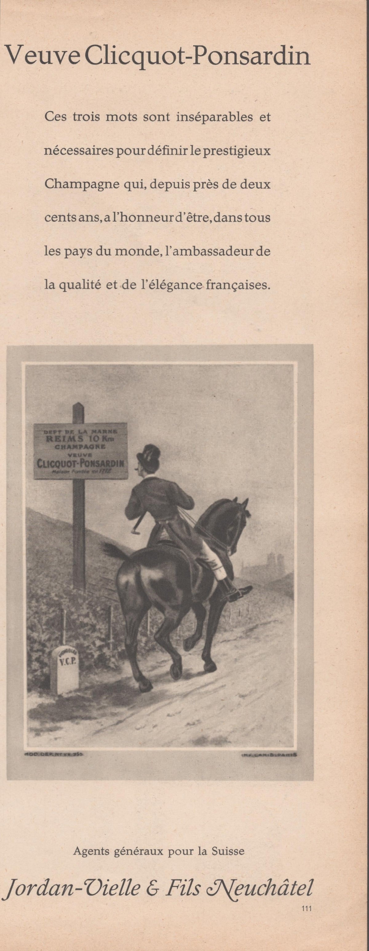 Vintage 1930s Veuve Clicquot-Ponsardin original print advertisement, black and white equestrian illustration with rider on horseback at Reims road sign