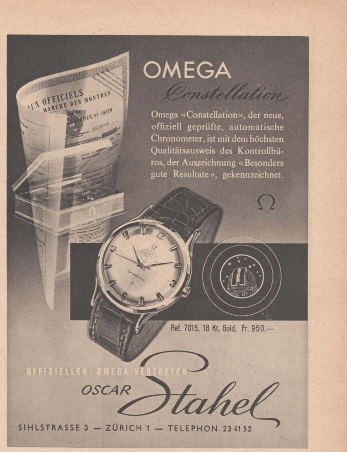 Vintage 1952 Omega Constellation Ref. 7015 original print advertisement, black and white Swiss market ad featuring 18kt gold watch with observatory medallion and certification documents