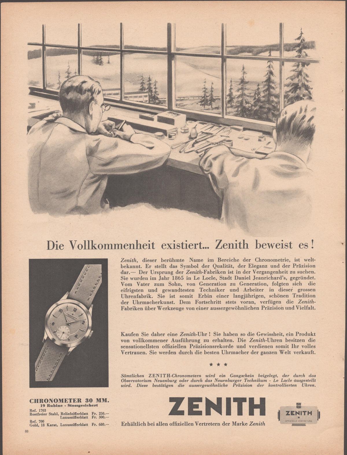 Vintage 1950s Zenith Chronometer 30mm original print advertisement, black and white illustration of Swiss watchmakers at worktable with Alpine winter landscape visible through large windows