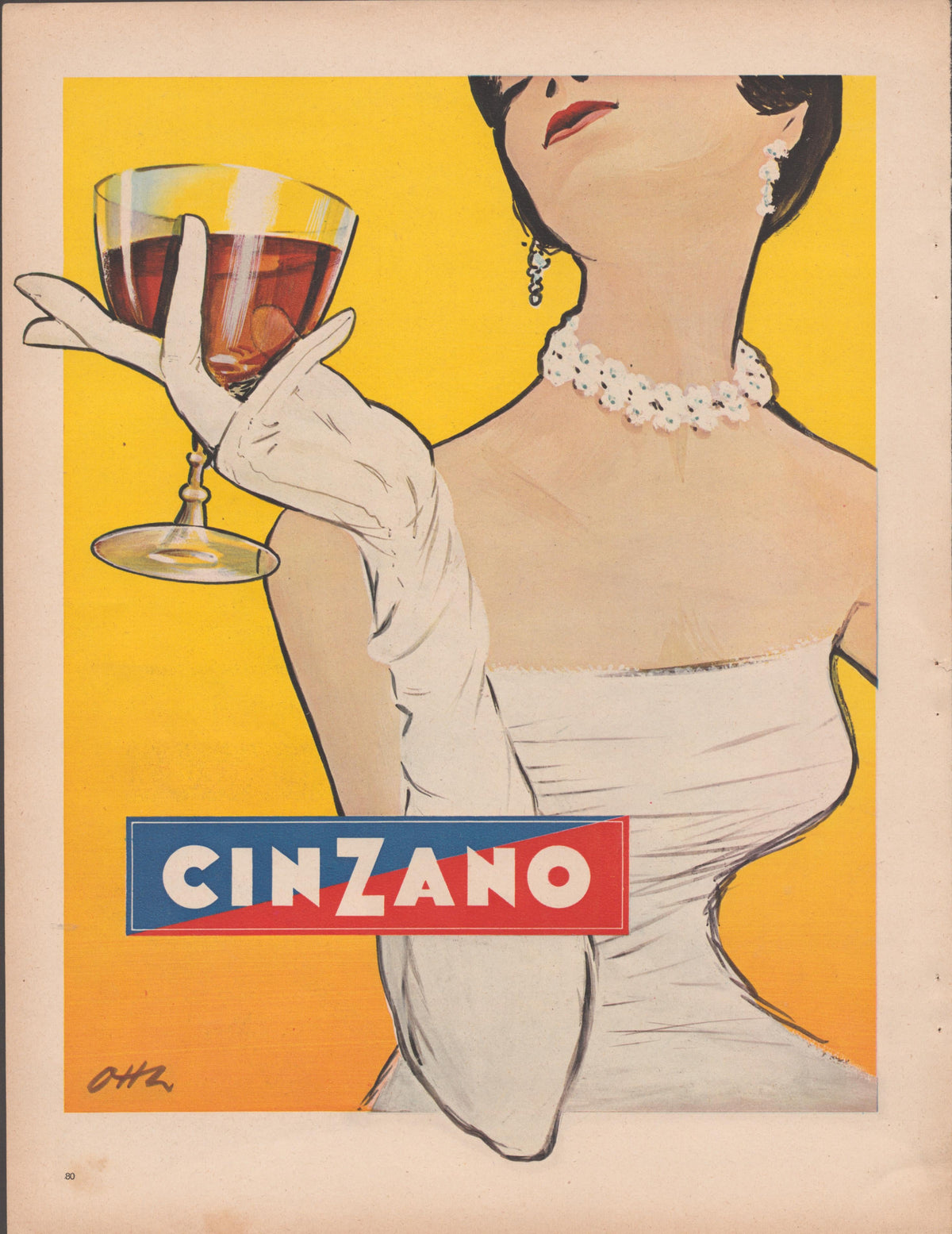 Vintage 1950s Cinzano vermouth original print advertisement, illustrated glamorous woman in white gloves and pearl necklace holding a glass of vermouth against a golden yellow background