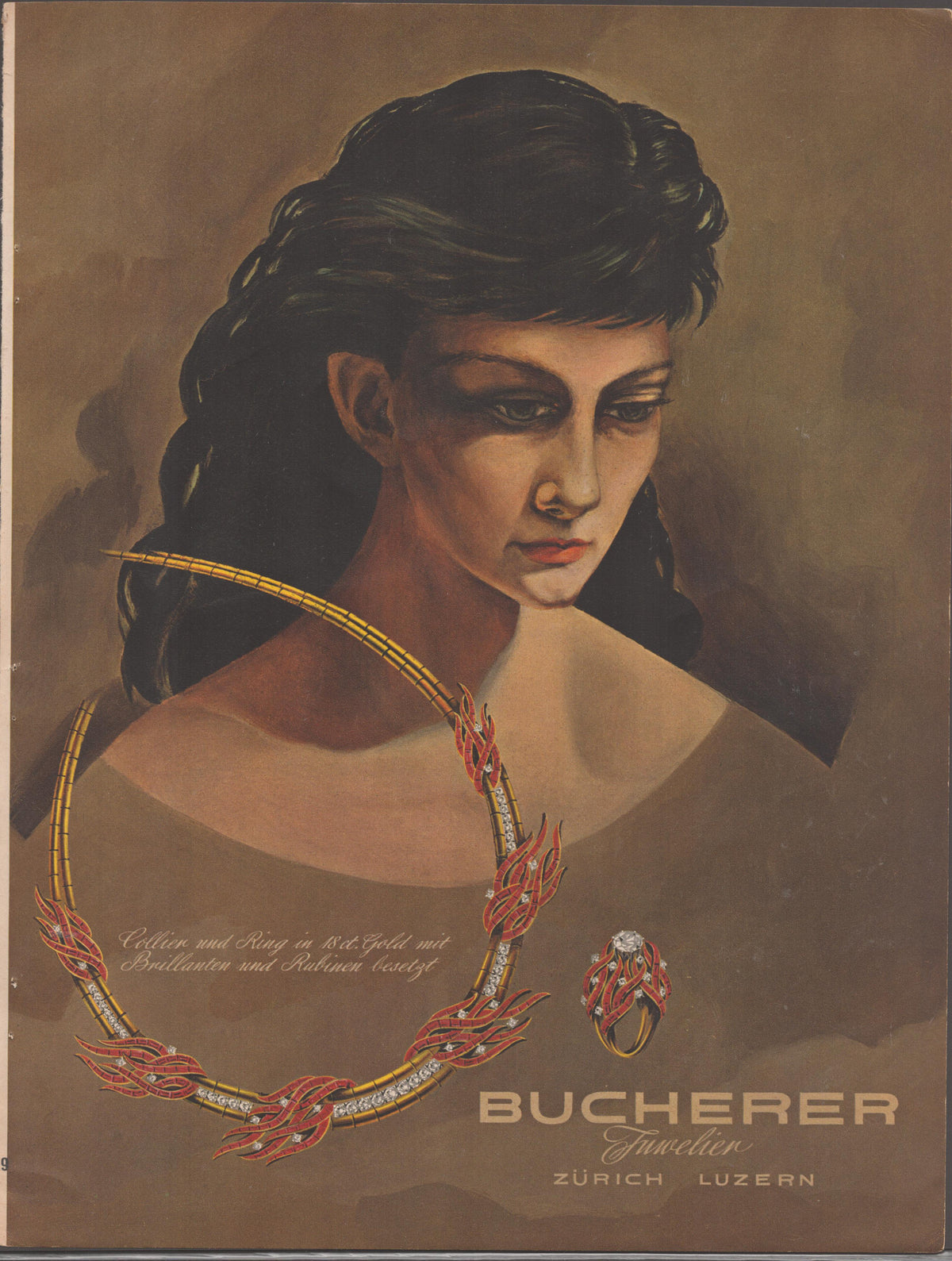 Vintage 1950s Bucherer Juwelier original print advertisement, illustrated portrait of dark-haired woman wearing 18-karat gold ruby and diamond flame necklace and ring set, Zürich and Lucerne