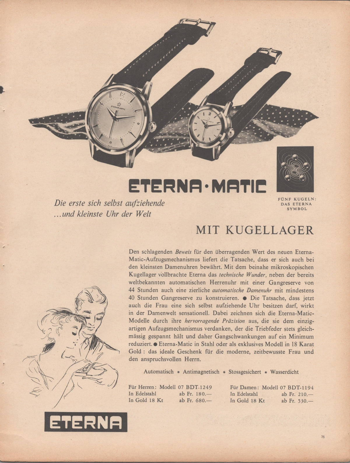Vintage 1950s Eterna-Matic original print advertisement, black and white image showing men's and ladies' automatic watches with German text and five-ball rotor symbol