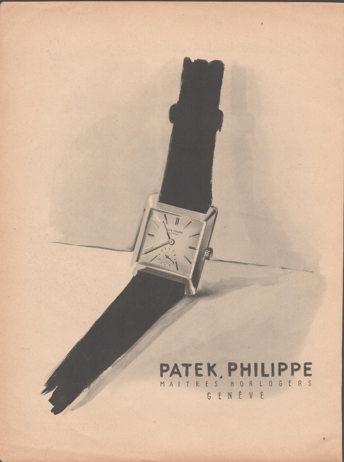Vintage 1950s Patek Philippe square dress watch original print advertisement, illustrated watch with dark leather strap on pale background, Maitres Horlogers Genève text