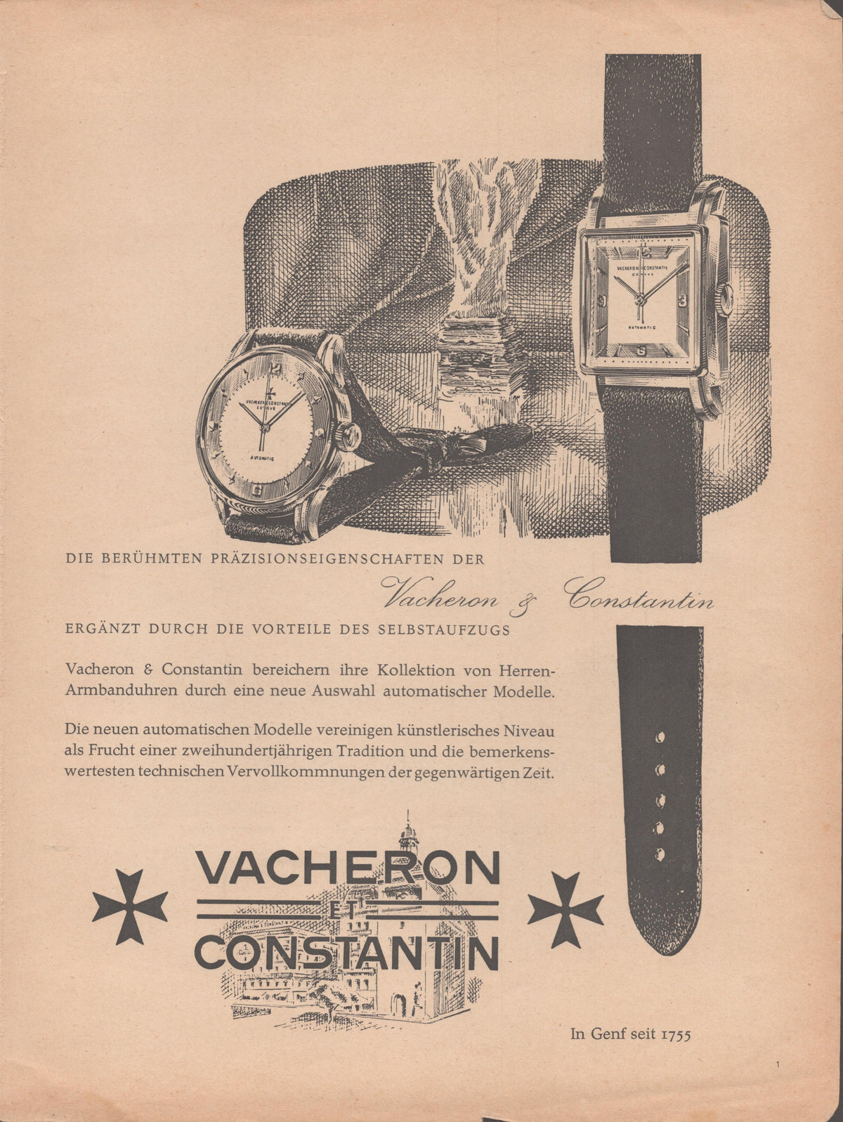 Vintage 1950s Vacheron Constantin Automatic original print advertisement, German-language ad featuring pen-and-ink illustrations of round and rectangular automatic dress watches with Maltese Cross logo and Geneva skyline