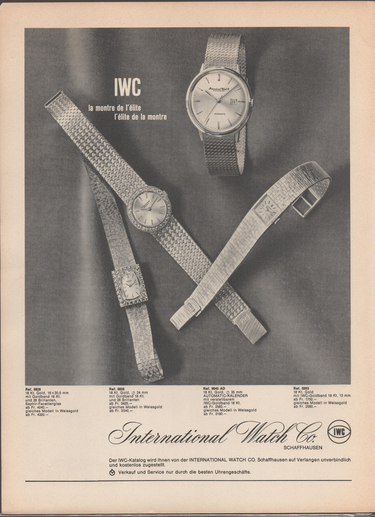 Vintage 1960s IWC International Watch Co. original print advertisement, black and white studio image of four 18-karat gold watches including diamond-set ladies models and an automatic calendar reference, with French tagline and full German product specifications