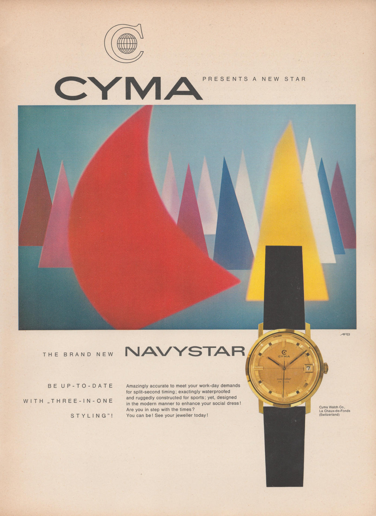 Vintage 1960s Cyma Navystar original print advertisement, colorful modernist geometric sailboat illustration with gold watch on black strap