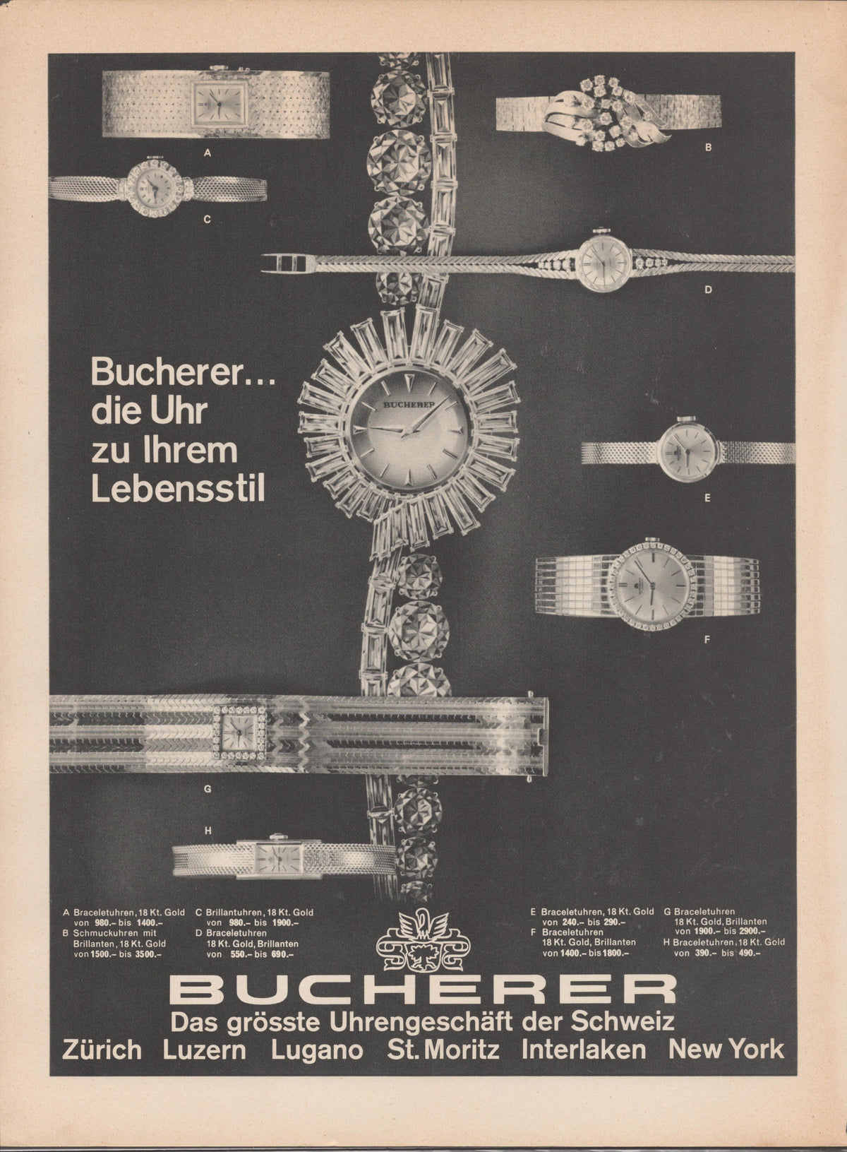 Vintage 1960s Bucherer Swiss watch collection original print advertisement, eight 18-karat gold and diamond bracelet watches arranged on dark background with German luxury retail copy