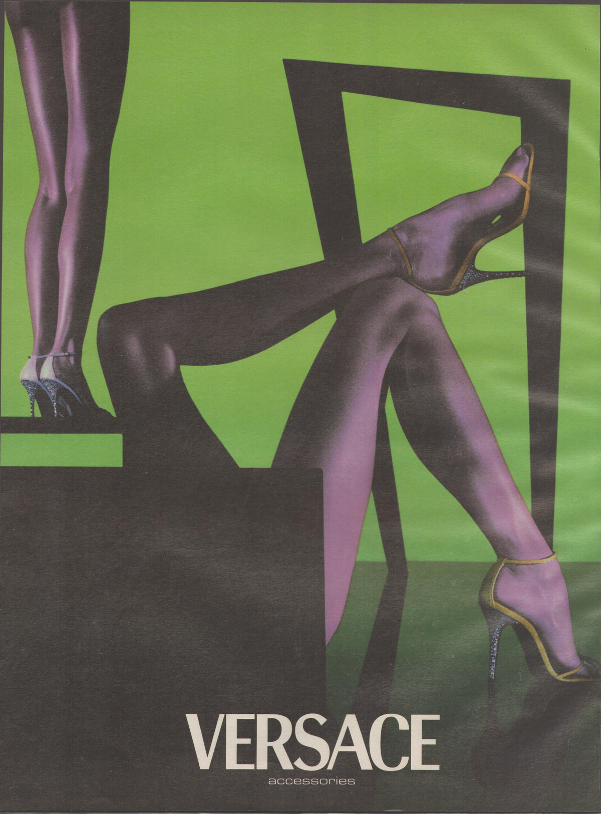 Vintage 1990s Versace Accessories original print advertisement, two pairs of legs in purple hosiery wearing crystal-heeled stilettos against an electric green background with black geometric frames