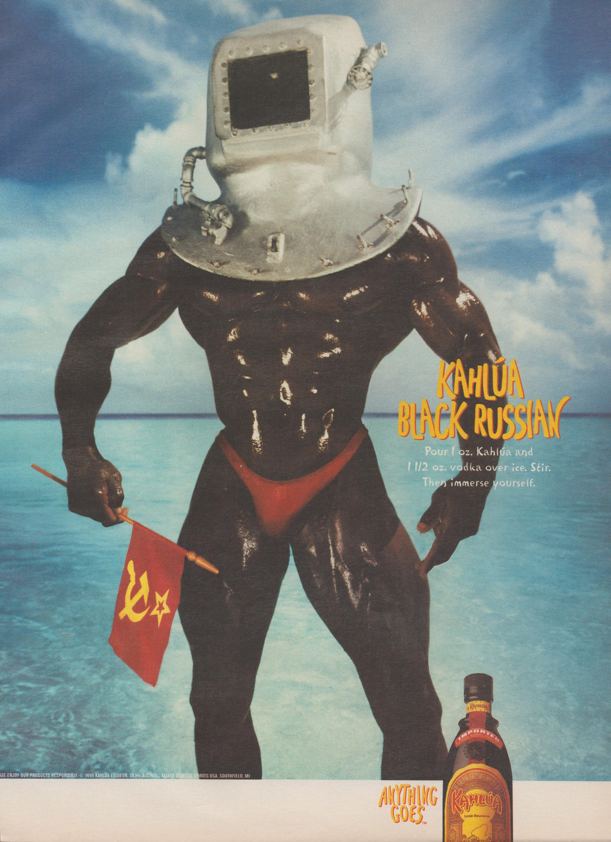 Vintage 1995 Kahlúa Black Russian original print advertisement, muscular figure in antique diving helmet holding Soviet flag standing in tropical sea