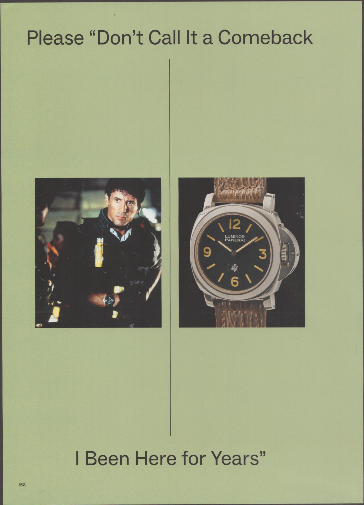 Vintage 1996 Panerai Luminor original print advertisement, Sylvester Stallone wearing Luminor on film set alongside product shot of the watch on green background