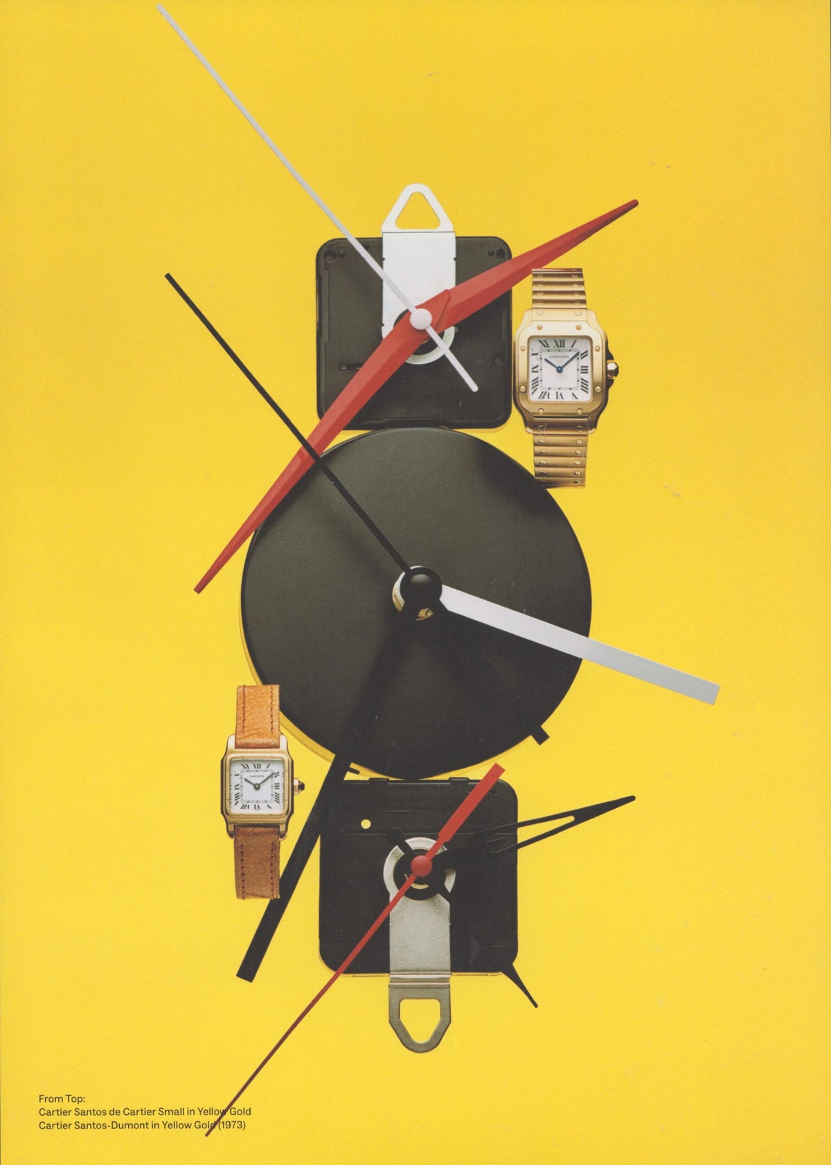 Vintage 1980s Cartier Santos original print advertisement, two yellow gold Santos watches displayed against vivid yellow background with oversized abstract clock hands and movement components