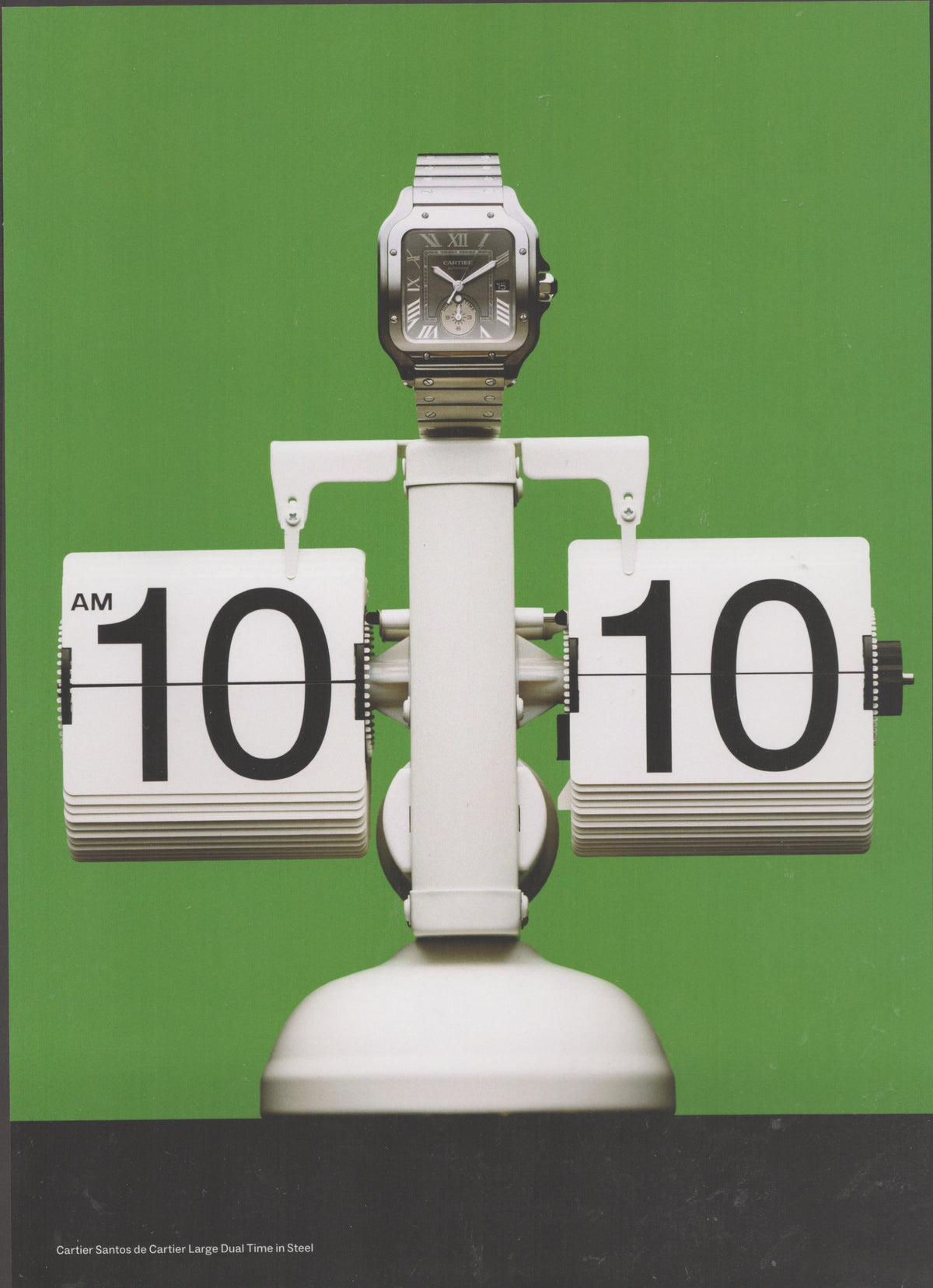 Vintage 2010s Cartier Santos de Cartier Large Dual Time original print advertisement, square steel watch mounted atop a white retro flip-clock showing 10:10 AM against a bright green background