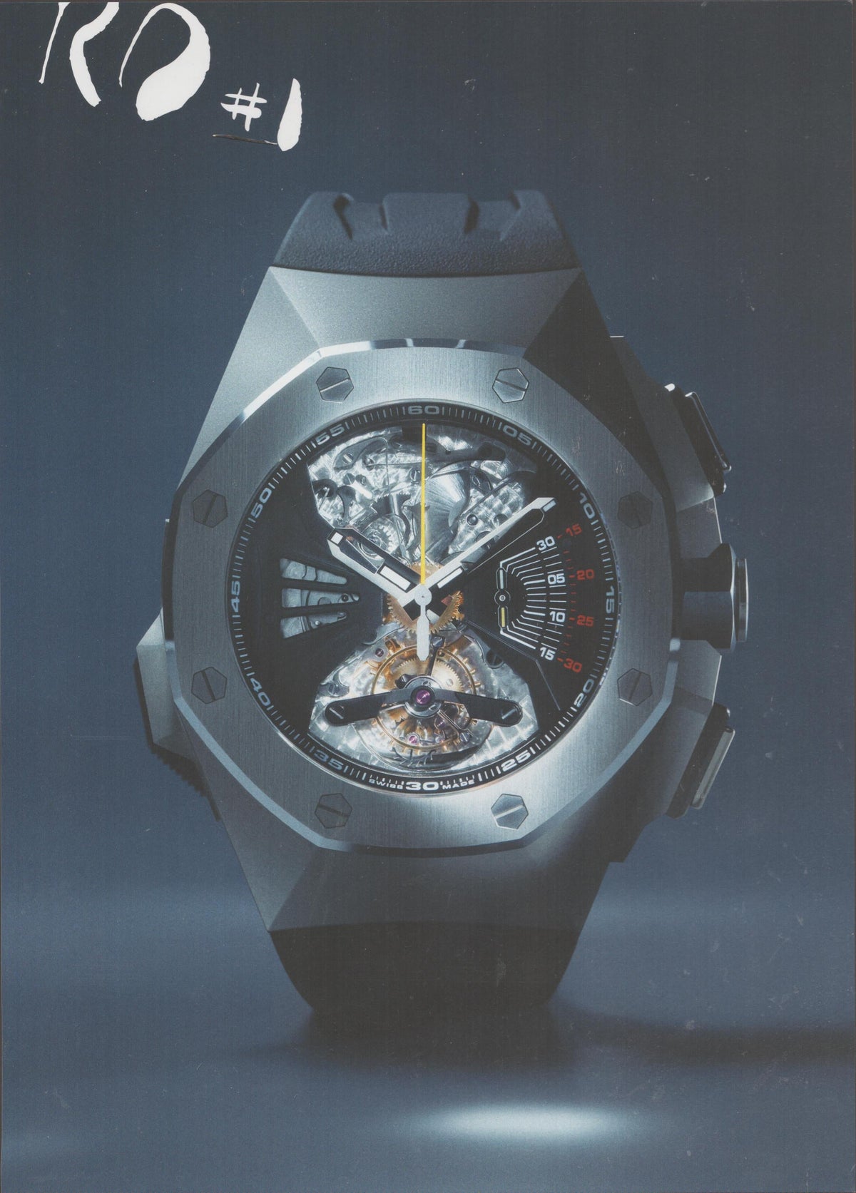 Vintage 2000s Audemars Piguet Royal Oak Concept Tourbillon Chronograph original print advertisement, skeletonized dial with tourbillon on steel-blue gradient background