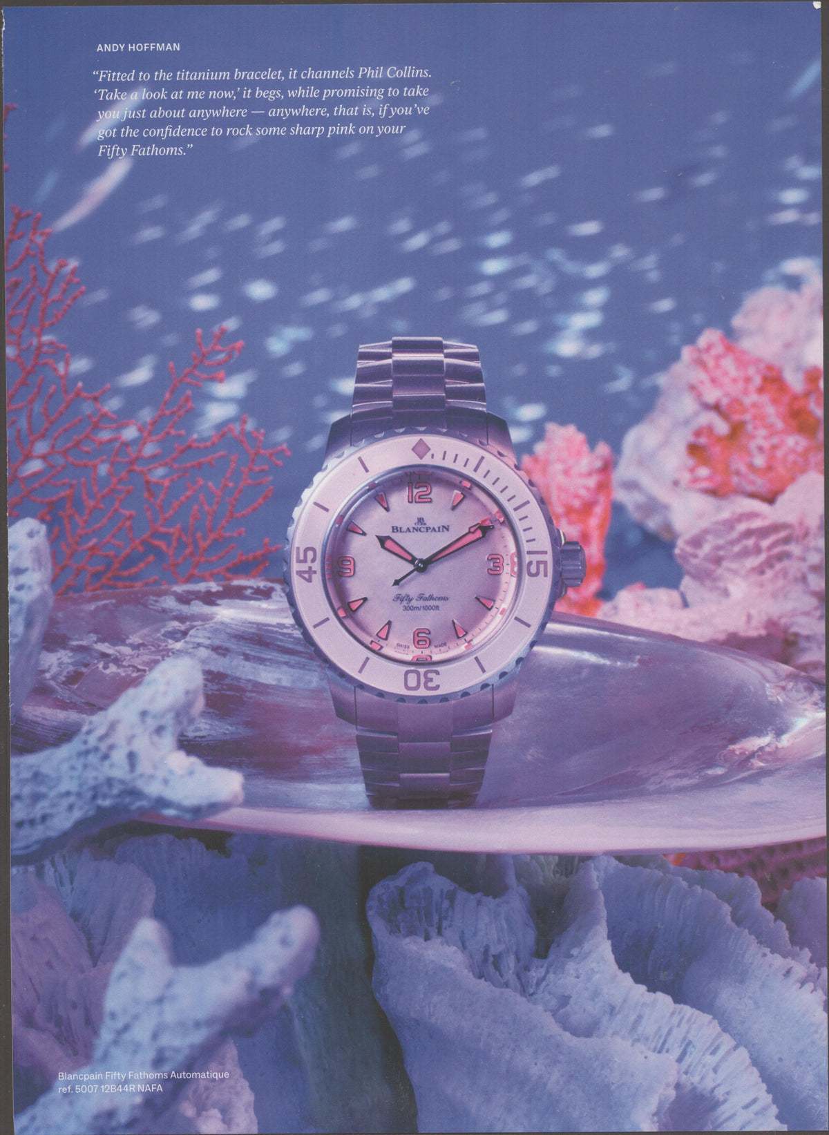 Vintage 2000s Blancpain Fifty Fathoms Automatique original print advertisement, pink titanium dive watch displayed on coral and sea glass underwater tableau