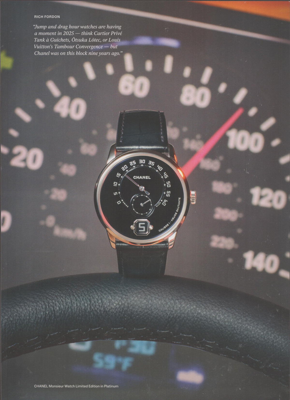 Vintage 2016 Chanel Monsieur Watch Limited Edition Platinum original print advertisement, black dial jump-hour watch resting on a car steering wheel with speedometer background