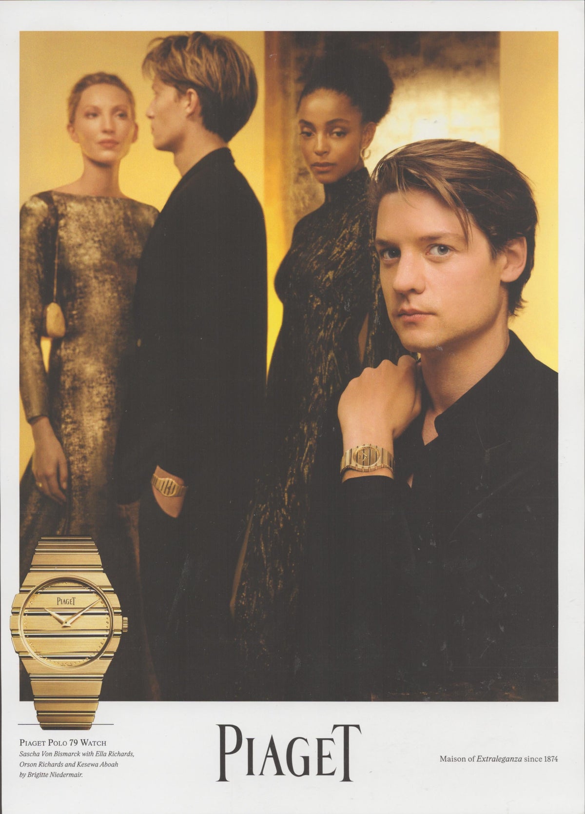 Vintage 1990s Piaget Polo 79 original print advertisement, golden editorial fashion photograph with four models and gold bracelet watch product inset