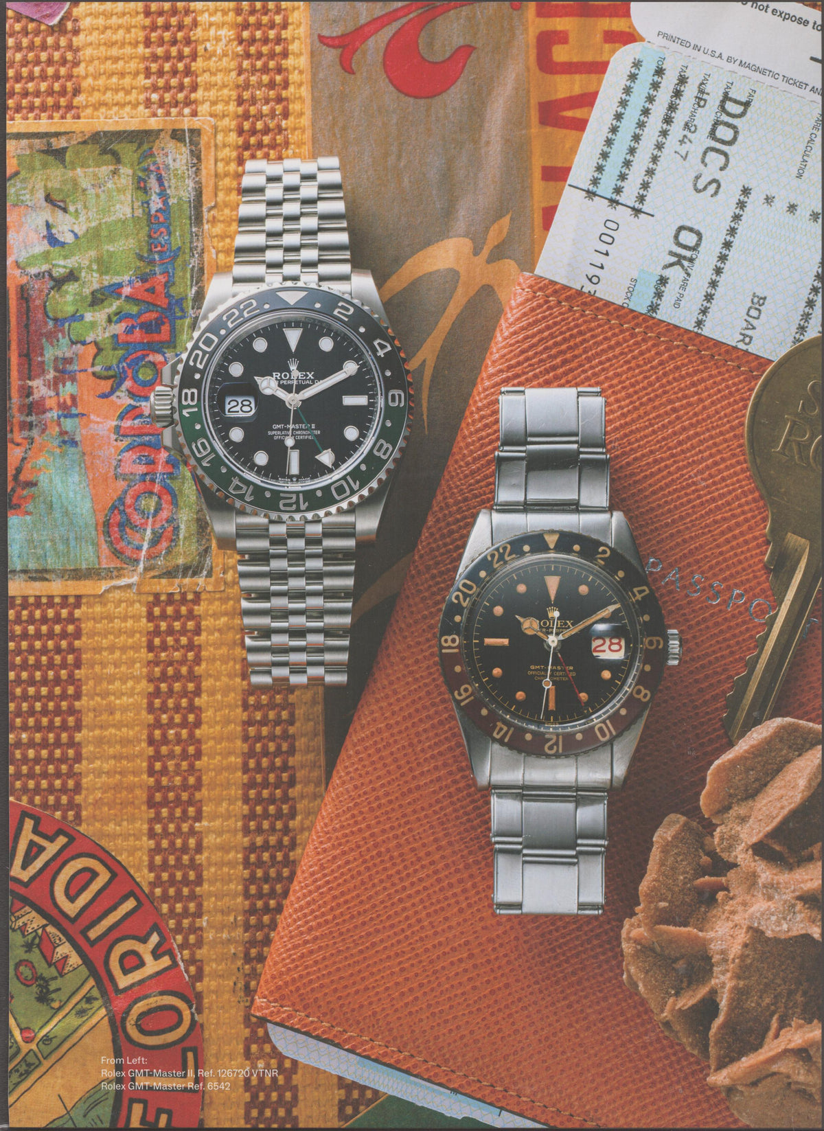 Vintage Rolex GMT-Master II Ref. 126720 VTNR and GMT-Master Ref. 6542 original print advertisement, both watches displayed on a travel-themed flat lay with passport and boarding passes