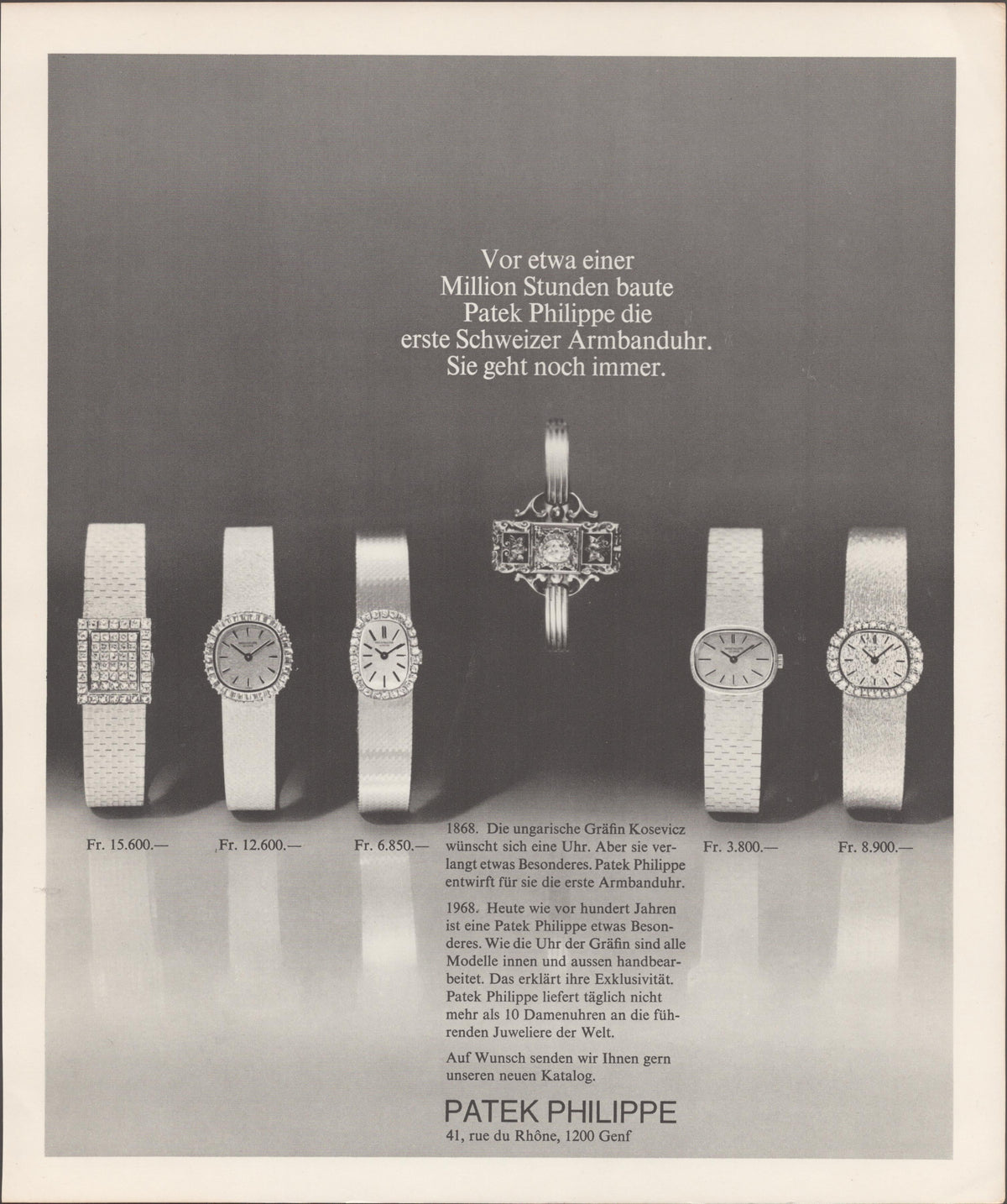 Vintage 1968 Patek Philippe ladies collection original print advertisement, five diamond-set bracelet watches displayed against dark background with German text and Swiss franc pricing