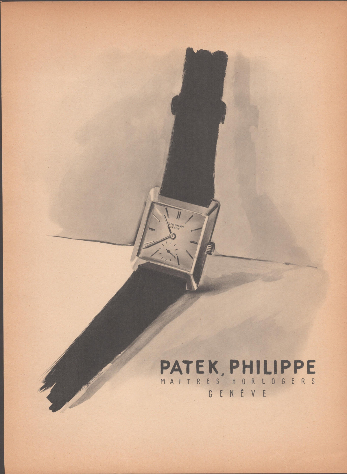 Vintage 1950s Patek Philippe dress watch original print advertisement, hand-illustrated rectangular watch with dark leather strap on warm sepia background with Maitres Horlogers Genève text