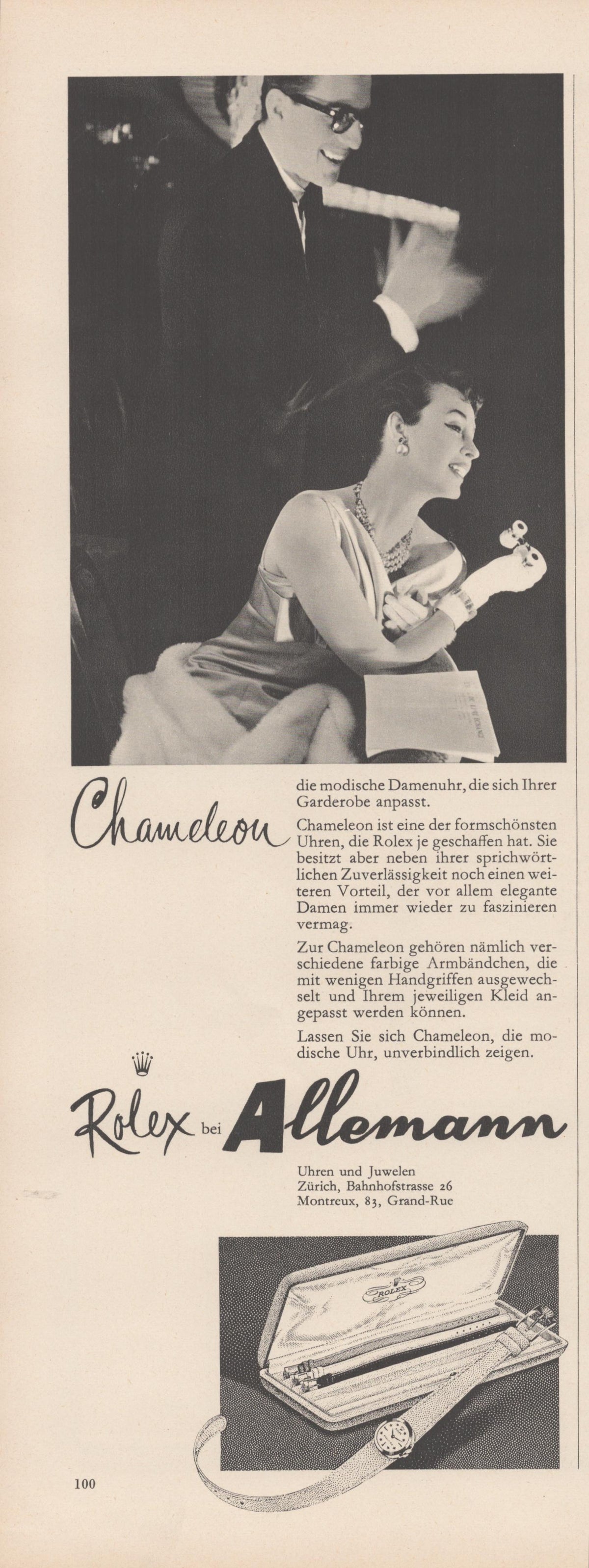 Vintage 1950s Rolex Chameleon original print advertisement, black and white photo of elegant couple at formal event with watch presentation case below, German-language Swiss retailer ad