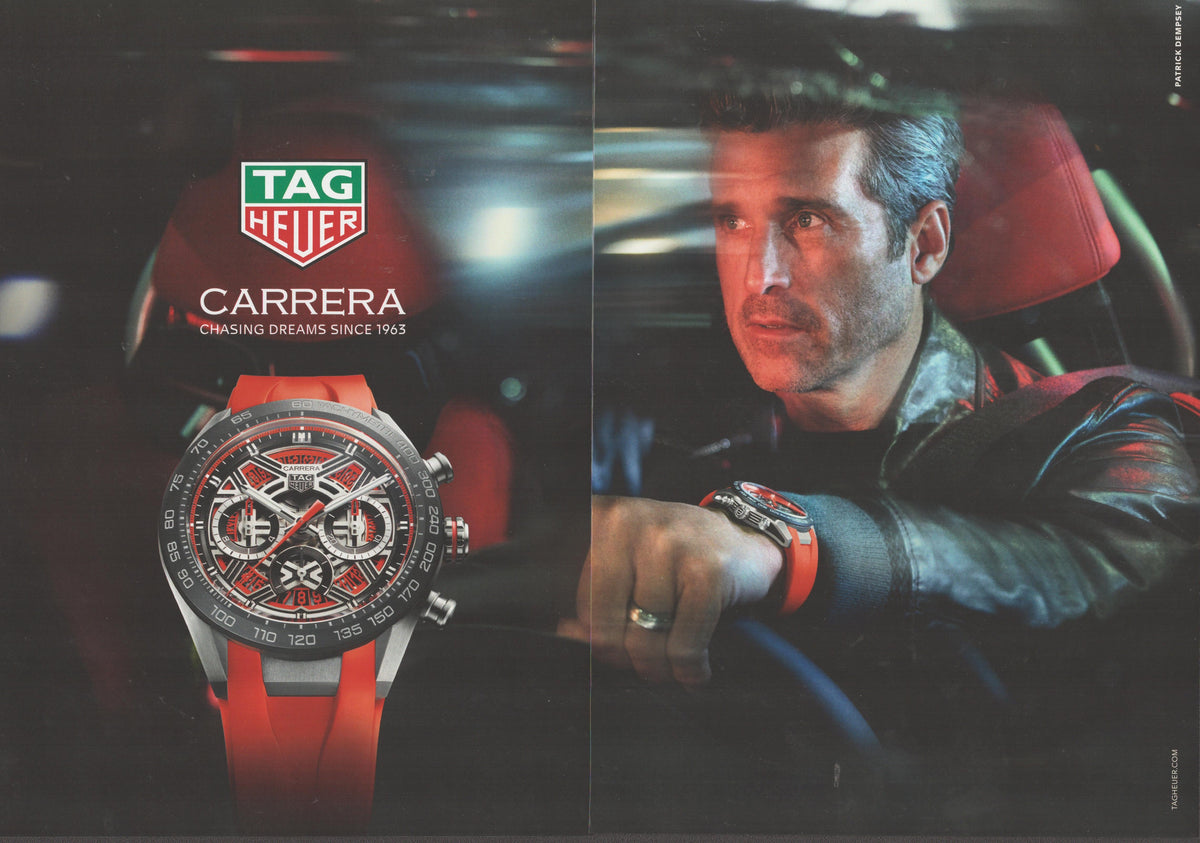 Vintage 2015 TAG Heuer Carrera original print advertisement, Patrick Dempsey seated in sports car wearing red-strapped Carrera chronograph, two-page spread