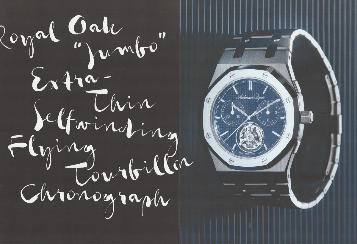 Vintage 1990s Audemars Piguet Royal Oak Jumbo Flying Tourbillon Chronograph original print advertisement, dark background with hand-lettered calligraphy and studio watch photograph on integrated bracelet