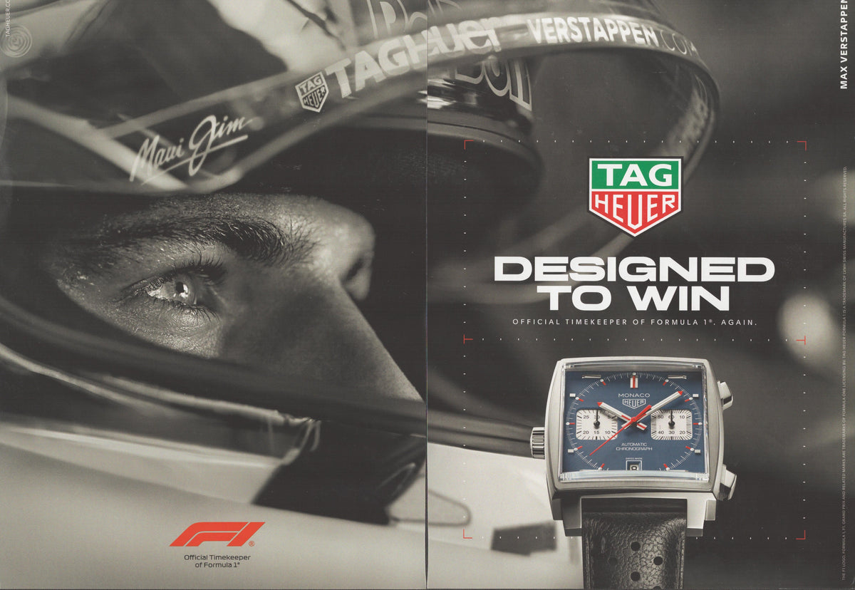 Vintage 2010s TAG Heuer Monaco Formula 1 original print advertisement, Max Verstappen in racing helmet close-up alongside Monaco chronograph watch with blue dial
