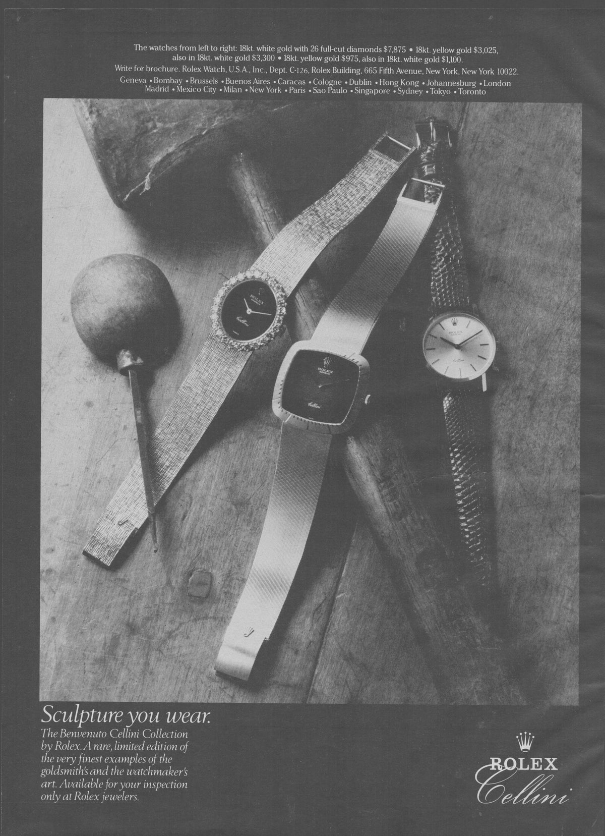 Vintage 1970s Rolex Cellini Benvenuto Collection original print advertisement, black and white image of three gold dress watches arranged on a rustic wooden surface with sculptural objects