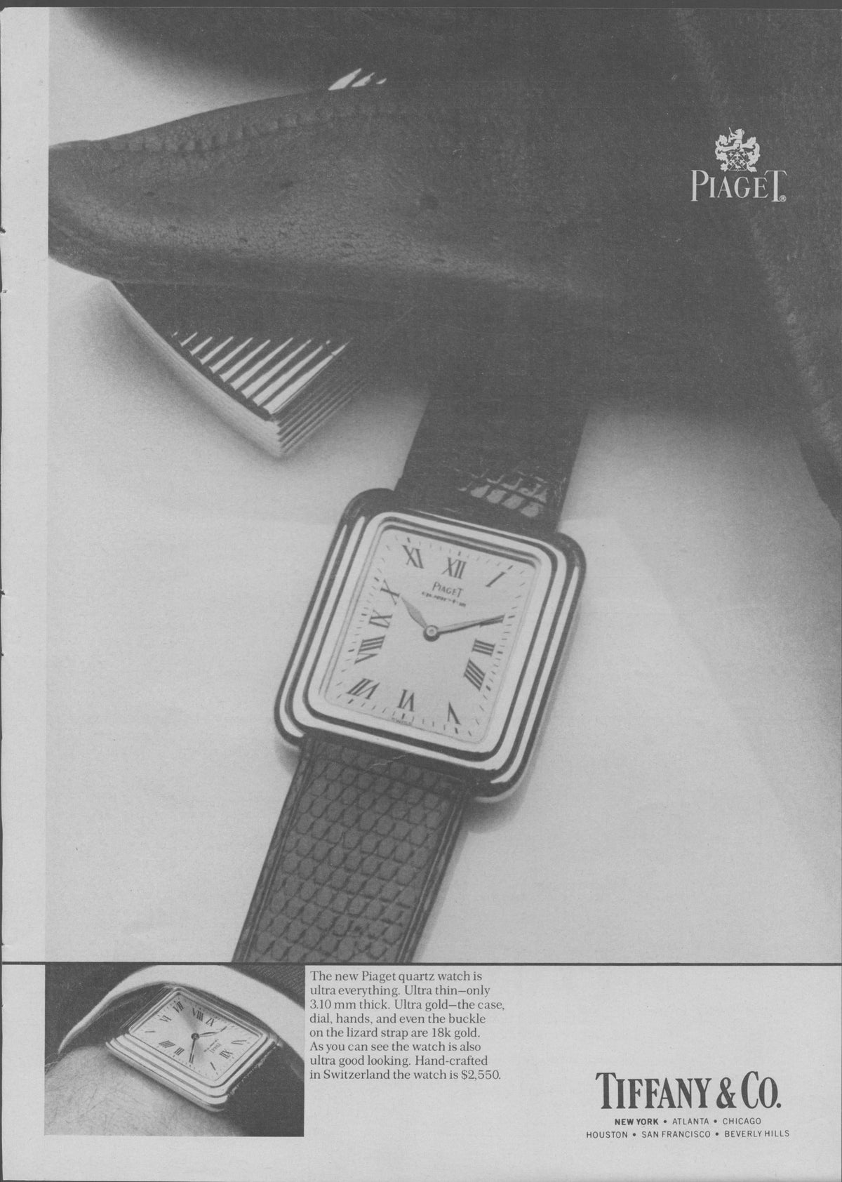 Vintage 1970s Piaget ultra-thin quartz original print advertisement, black and white close-up of rectangular dress watch with lizard strap, sold by Tiffany & Co.