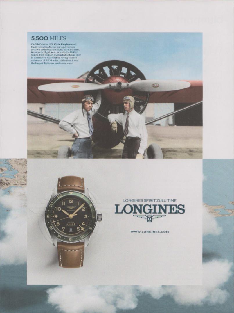Vintage Longines Spirit Zulu Time original print advertisement, two aviators posed before a propeller aircraft with watch detail below