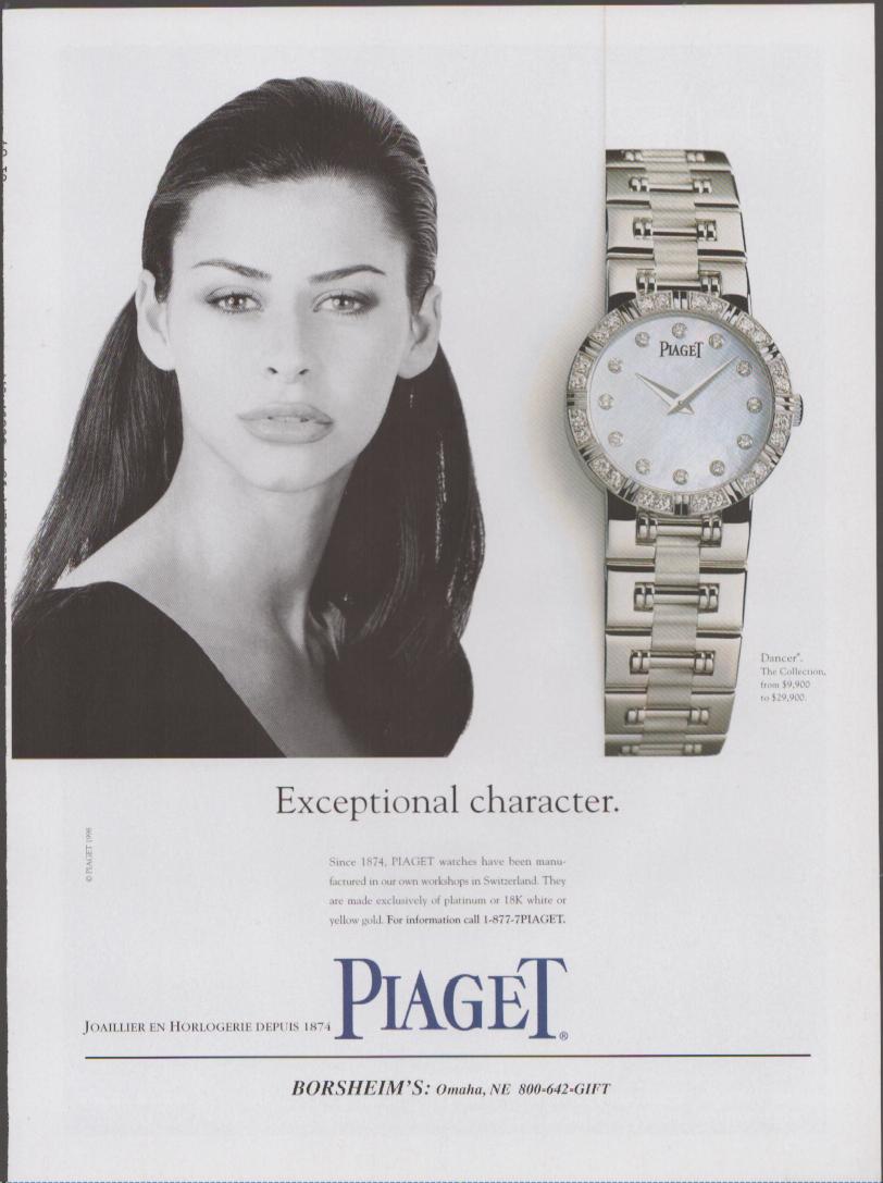 Vintage 1994 Piaget Dancer Collection original print advertisement, black and white fashion portrait alongside diamond-bezel Piaget Dancer watch on white background