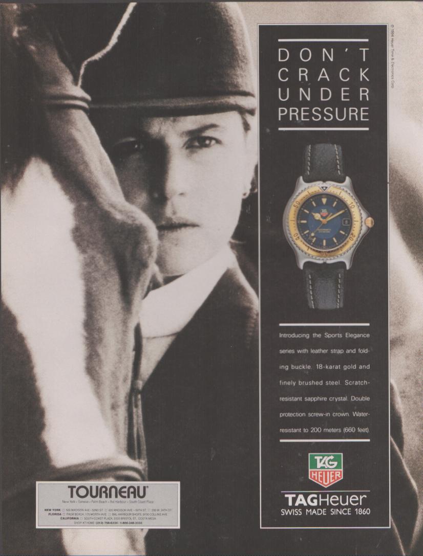 Vintage 1994 TAG Heuer Sports Elegance original print advertisement, black and white photo of female equestrian rider with horse alongside two-tone gold and steel watch