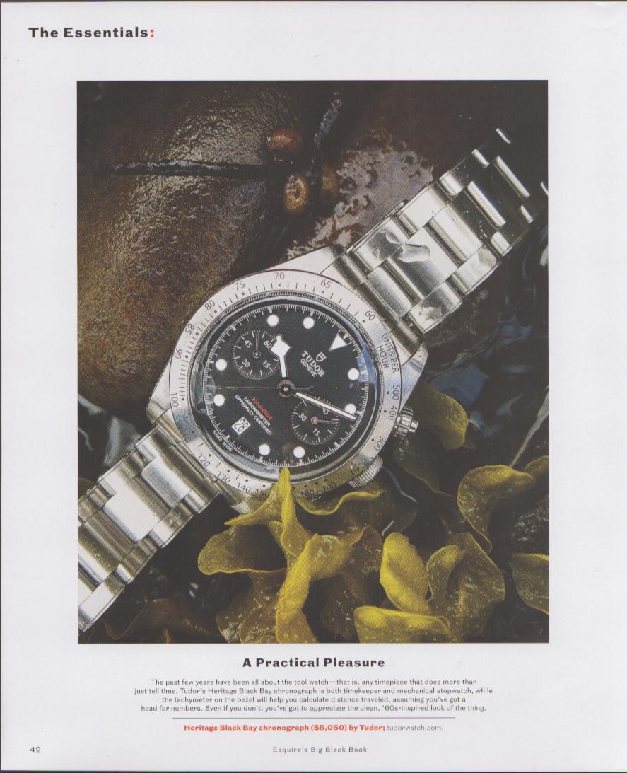 Vintage 2010s Tudor Heritage Black Bay Chronograph original print advertisement, watch resting on seaweed and stone with black dial and tachymeter bezel