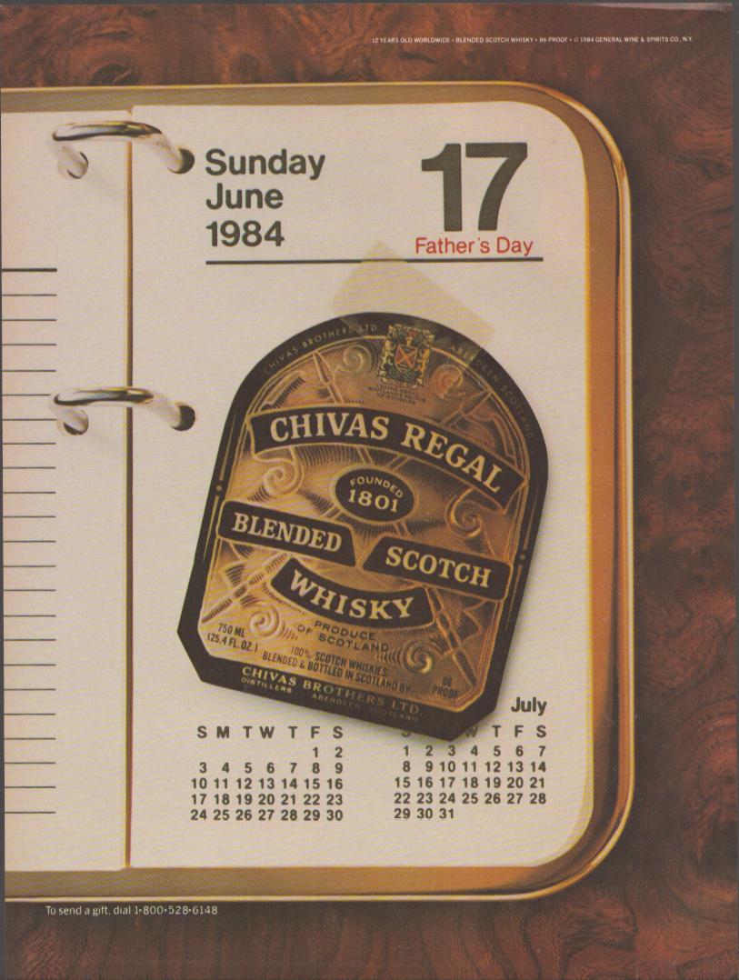 Vintage 1984 Chivas Regal Blended Scotch Whisky original print advertisement, desk calendar showing Father's Day June 17 1984 with Chivas Regal bottle label centerpiece