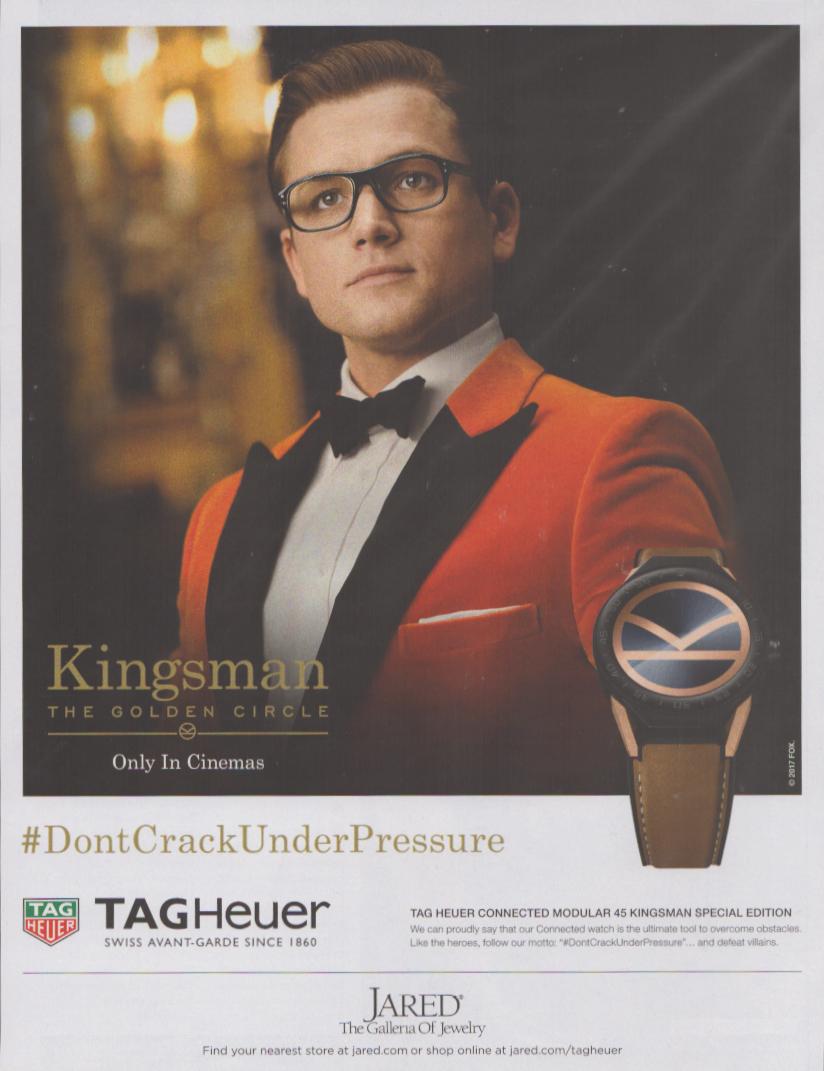 Vintage 2017 TAG Heuer Connected Modular 45 Kingsman Special Edition original print advertisement, Taron Egerton in red tuxedo jacket with Kingsman watch and #DontCrackUnderPressure tagline